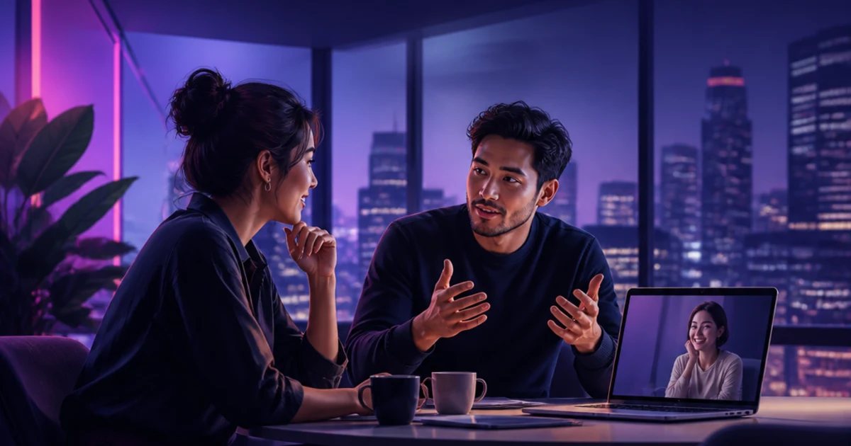 Two colleagues share an animated conversation in a modern city office while a remote teammate joins on a laptop.